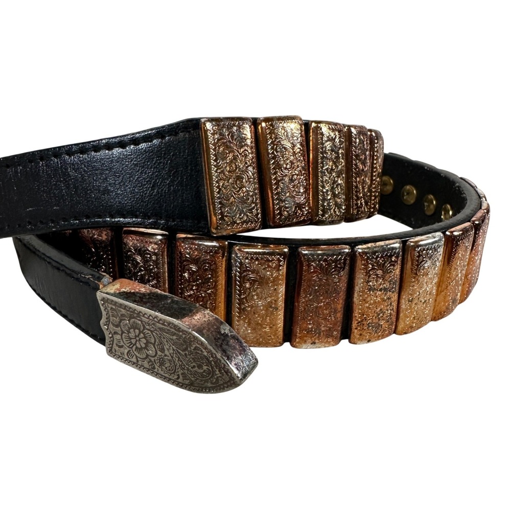 Nocona Belt Co Mens Black‎ Leather Western Belt Silver Copper Ornate Plates 34